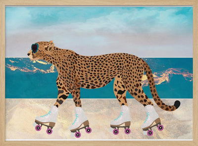 Cheetah Rollerskating Landscape Beach 01 - Stretched Canvas, Poster or Fine Art Print I Heart Wall Art