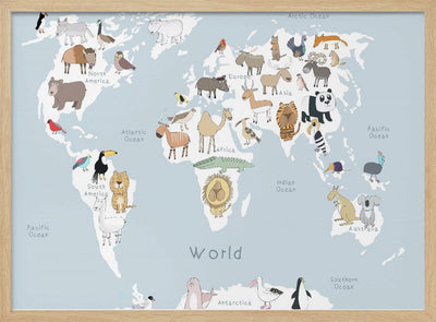 Illustrated Map of the World with Cute Animals - Stretched Canvas, Poster or Fine Art Print I Heart Wall Art