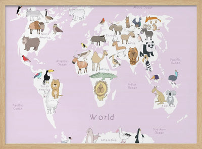 Illustrated Map of the World with Cute Animals - Stretched Canvas, Poster or Fine Art Print I Heart Wall Art