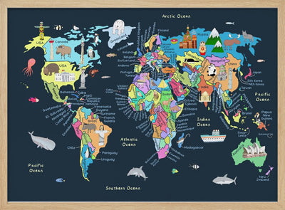 Educational Illustrated Map of the World for Kids - Stretched Canvas, Poster or Fine Art Print I Heart Wall Art