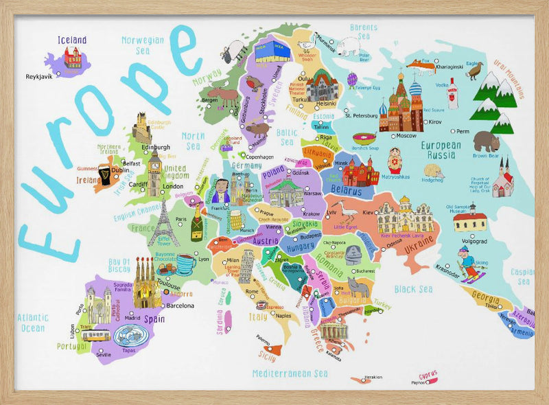 Illustrated Map of Europe by Map Illustrator Carla Daly - Stretched Canvas, Poster or Fine Art Print I Heart Wall Art