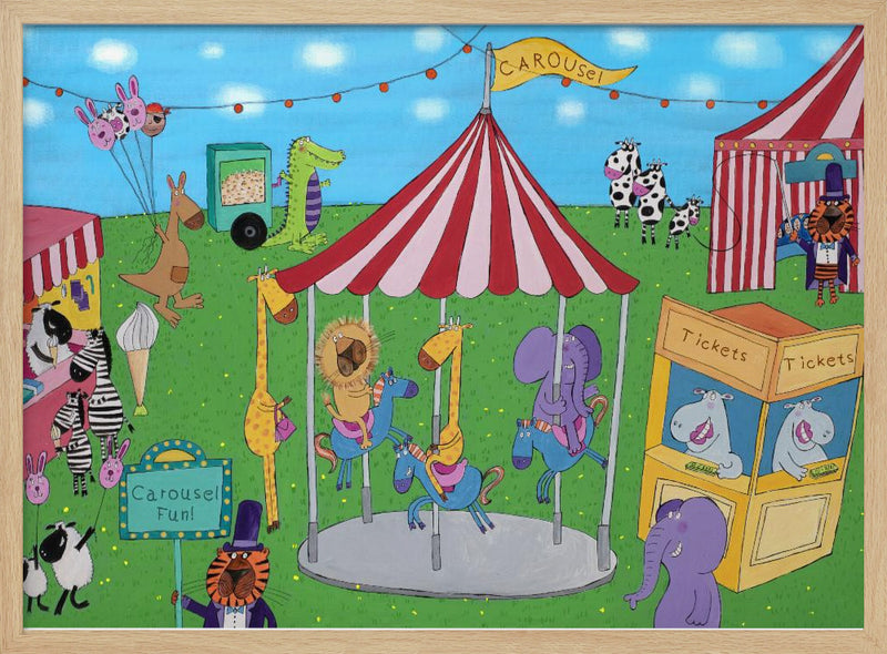 Welcome to the Carousel with Funny Animals by Artist Carla Daly - Stretched Canvas, Poster or Fine Art Print I Heart Wall Art