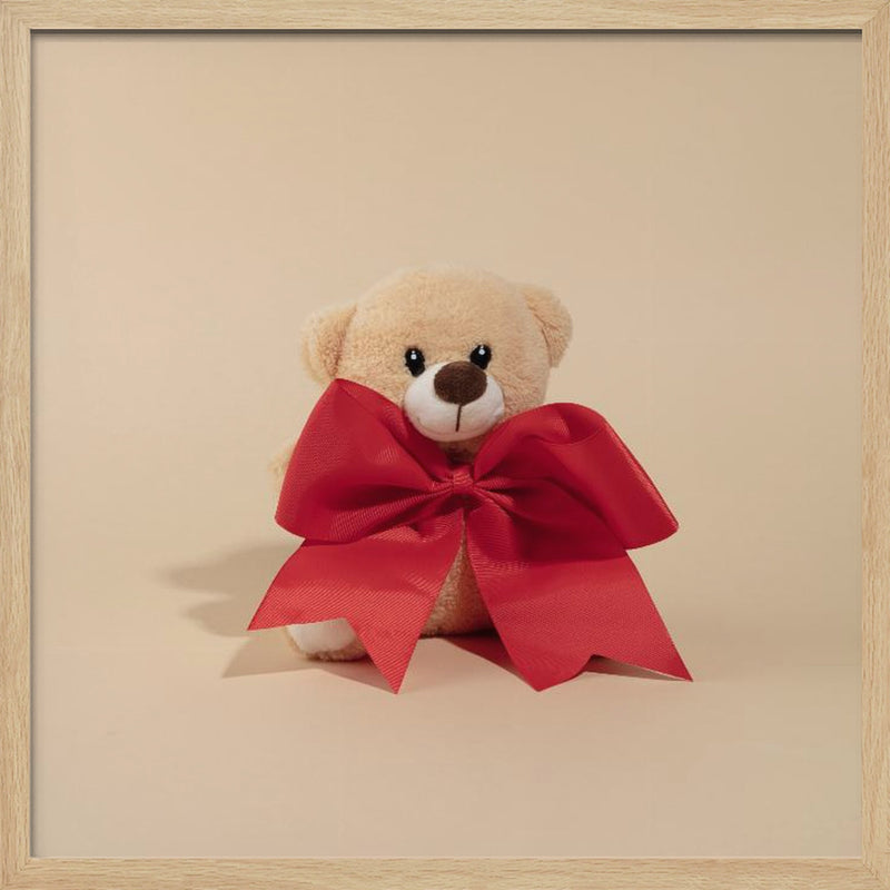 Teddy Bear with Red Bow - Square Stretched Canvas, Poster or Fine Art Print I Heart Wall Art