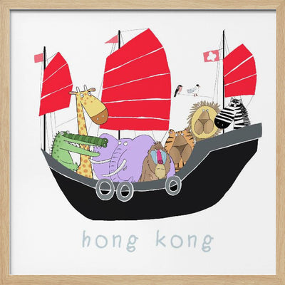 Jungle Animals Travelling in a Junk Boat in Hong Kong by Carla Daly - Square Stretched Canvas, Poster or Fine Art Print I Heart Wall Art