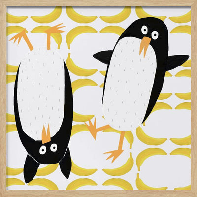 Funny Penguins with Banana Pattern Background by Carla Daly - Square Stretched Canvas, Poster or Fine Art Print I Heart Wall Art