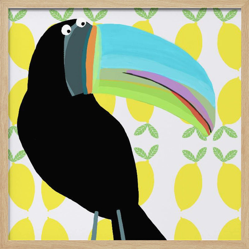 Tropical Toucan Bird with Lemon Pattern Background by Carla Daly - Square Stretched Canvas, Poster or Fine Art Print I Heart Wall Art