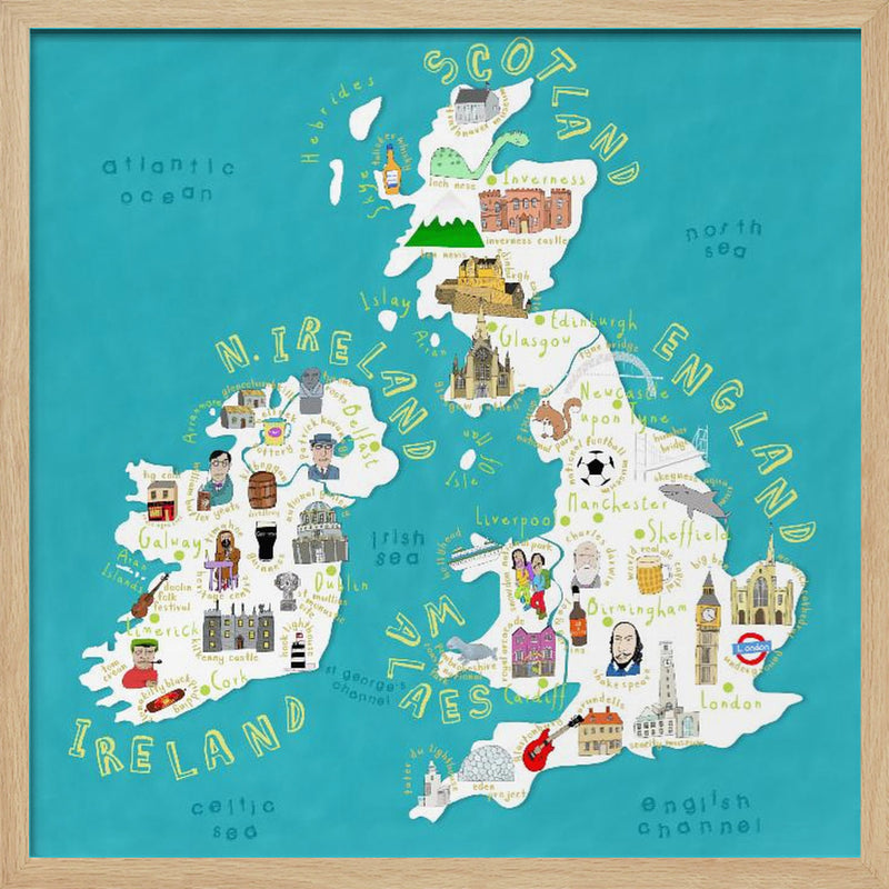 Map of UK and Ireland with Country Icons by Artist Carla Daly - Square Stretched Canvas, Poster or Fine Art Print I Heart Wall Art