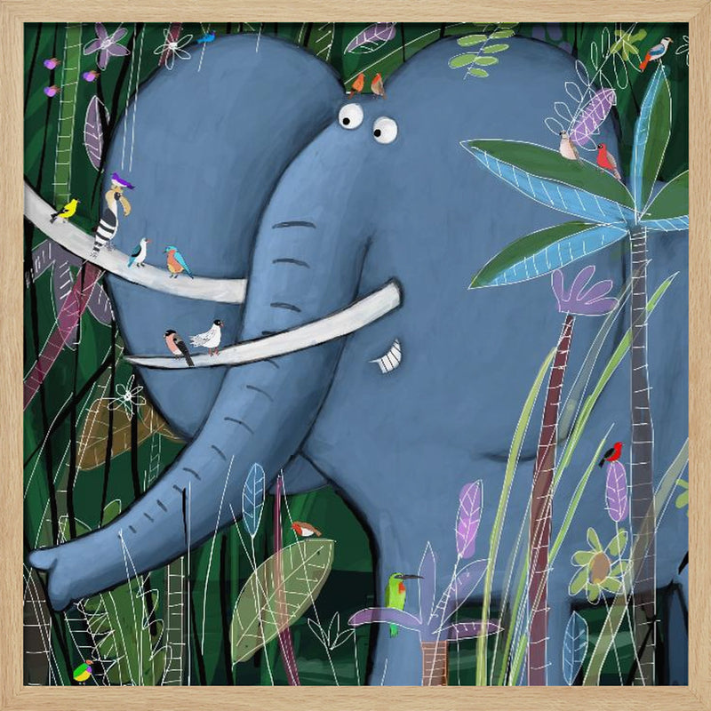 Large Elephant Peeks Out of the Jungle by Artist Carla Daly - Square Stretched Canvas, Poster or Fine Art Print I Heart Wall Art