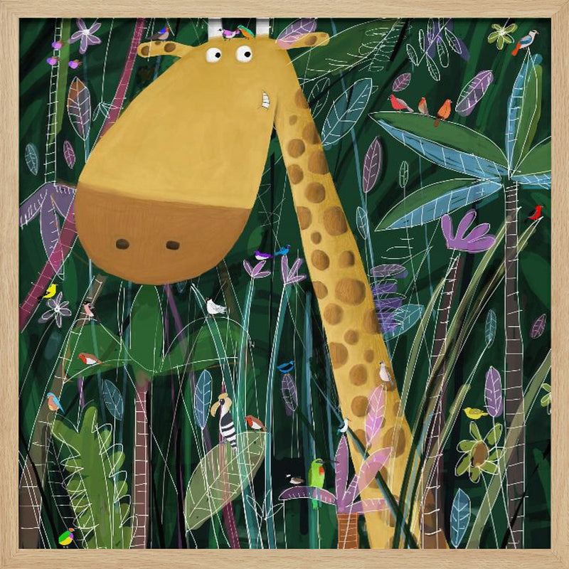 Cute Giraffe Peeks Out of the Jungle by Artist Carla Daly - Square Stretched Canvas, Poster or Fine Art Print I Heart Wall Art