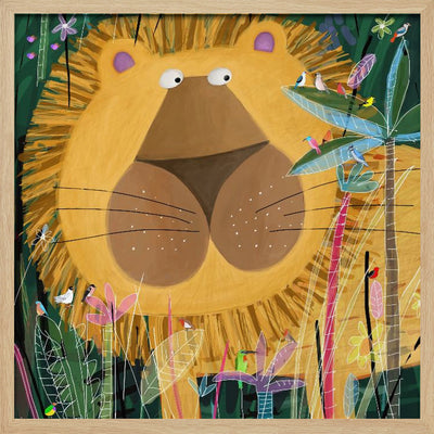 Large Lion Peeks Out of the Jungle Foliage by Artist Carla Daly - Square Stretched Canvas, Poster or Fine Art Print I Heart Wall Art