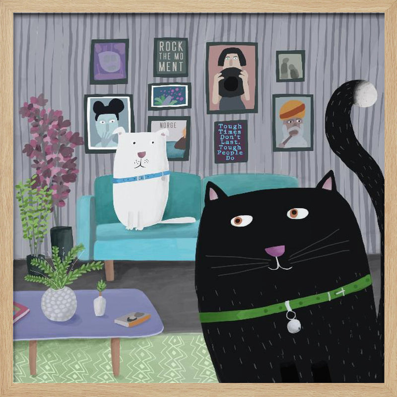 Black Cat and White Dog in Trendy Interior by Carla Daly - Square Stretched Canvas, Poster or Fine Art Print I Heart Wall Art