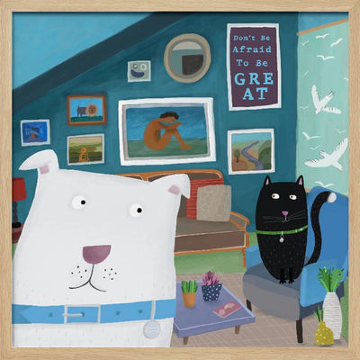 Cute White Dog with Black Cat in Designer Interior - Square Stretched Canvas, Poster or Fine Art Print I Heart Wall Art