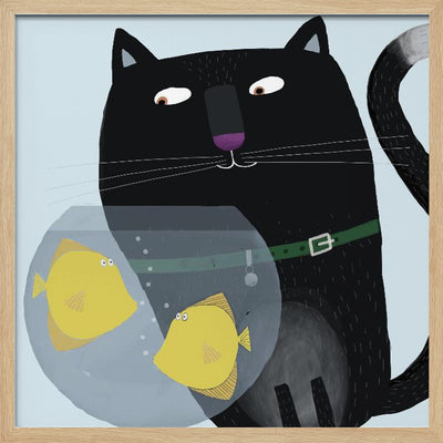 Black Cat Eyeing Up Yellow Fish in fish Bowl by Artist Carla Daly - Square Stretched Canvas, Poster or Fine Art Print I Heart Wall Art