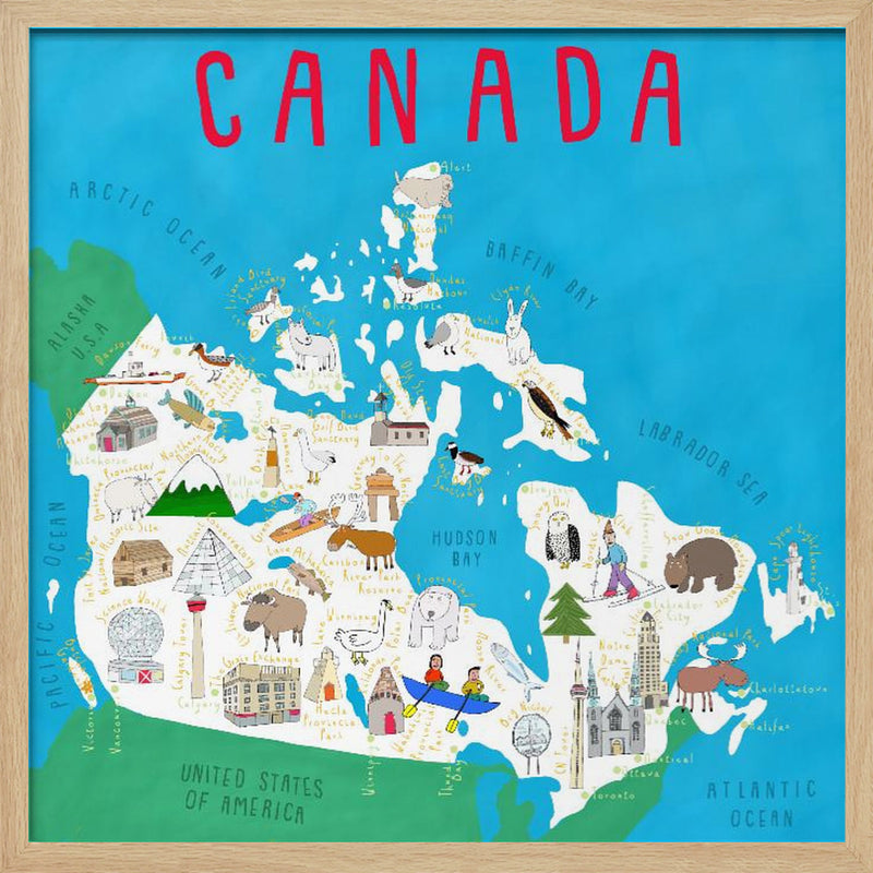 Illustrated Map of Canada by Artist Carla Daly - Square Stretched Canvas, Poster or Fine Art Print I Heart Wall Art