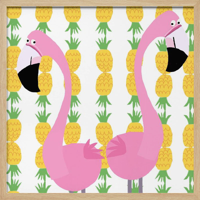 Two Falmingos with Pineapples by Artist Carla Daly - Square Stretched Canvas, Poster or Fine Art Print I Heart Wall Art