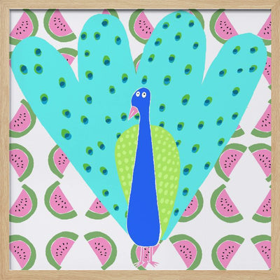 Electric Peacock with Watermelon Pattern by Artist Carla Daly - Square Stretched Canvas, Poster or Fine Art Print I Heart Wall Art