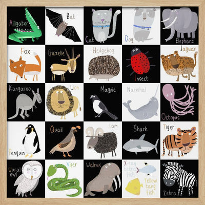 Cute Animal Alphabet with Black White Background by Artist Carla Daly - Square Stretched Canvas, Poster or Fine Art Print I Heart Wall Art