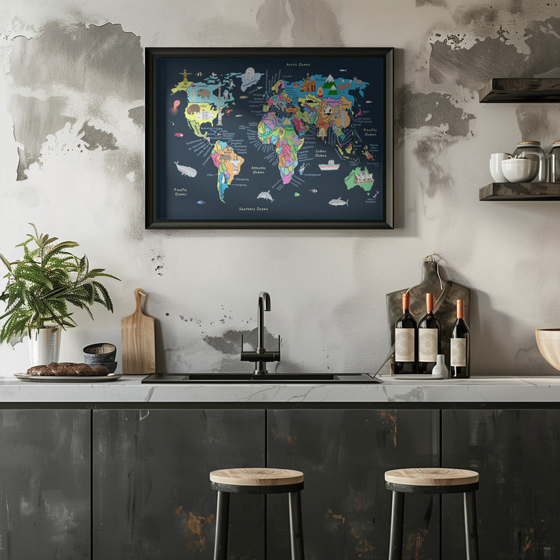 Educational Illustrated Map of the World for Kids - Stretched Canvas, Poster or Fine Art Print I Heart Wall Art