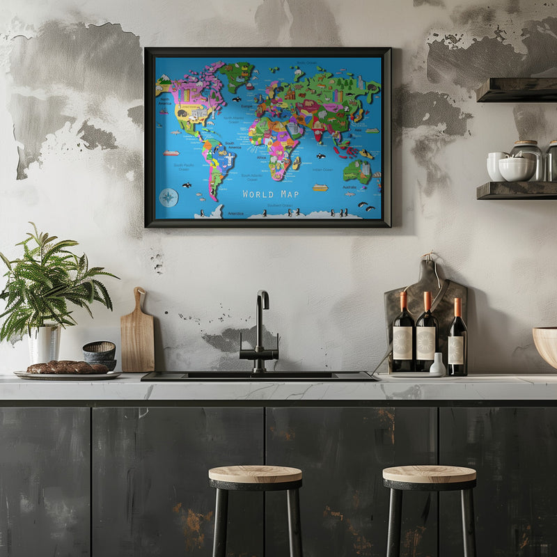 Illustrated World Map with Countries and Continents by Carla Daly - Stretched Canvas, Poster or Fine Art Print I Heart Wall Art