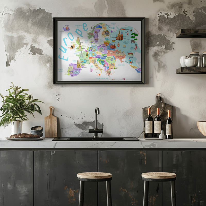 Illustrated Map of Europe by Map Illustrator Carla Daly - Stretched Canvas, Poster or Fine Art Print I Heart Wall Art