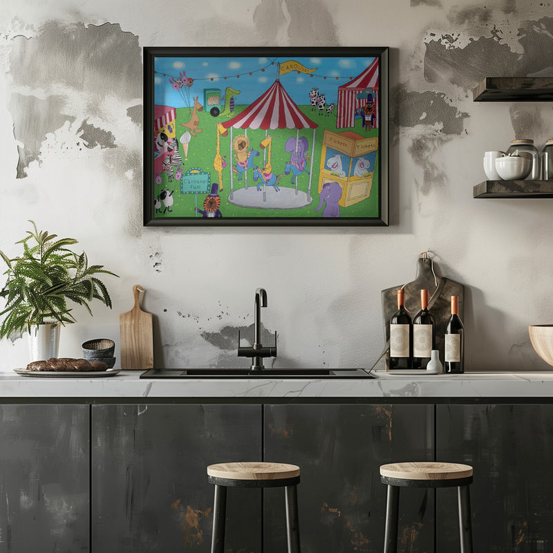 Welcome to the Carousel with Funny Animals by Artist Carla Daly - Stretched Canvas, Poster or Fine Art Print I Heart Wall Art