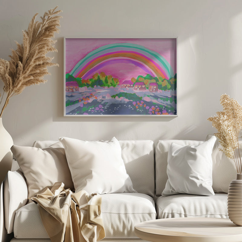 Countryside Rainbow On Pink - Stretched Canvas, Poster or Fine Art Print I Heart Wall Art