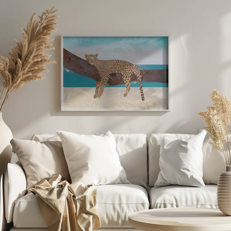 Leopard lying on beach landscape - Stretched Canvas, Poster or Fine Art Print I Heart Wall Art