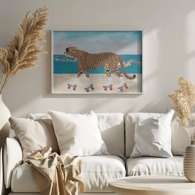 Cheetah Rollerskating Landscape Beach 01 - Stretched Canvas, Poster or Fine Art Print I Heart Wall Art