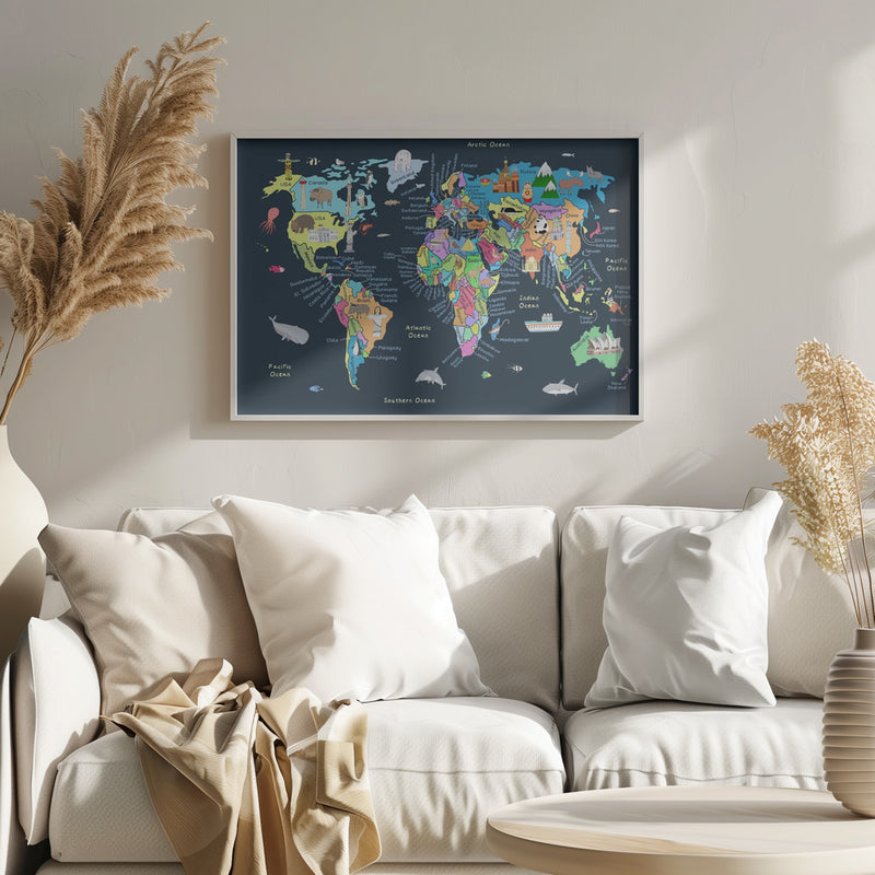 Educational Illustrated Map of the World for Kids - Stretched Canvas, Poster or Fine Art Print I Heart Wall Art