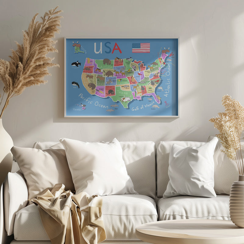 Illustrated Map of United States of America by Carla Daly - Stretched Canvas, Poster or Fine Art Print I Heart Wall Art