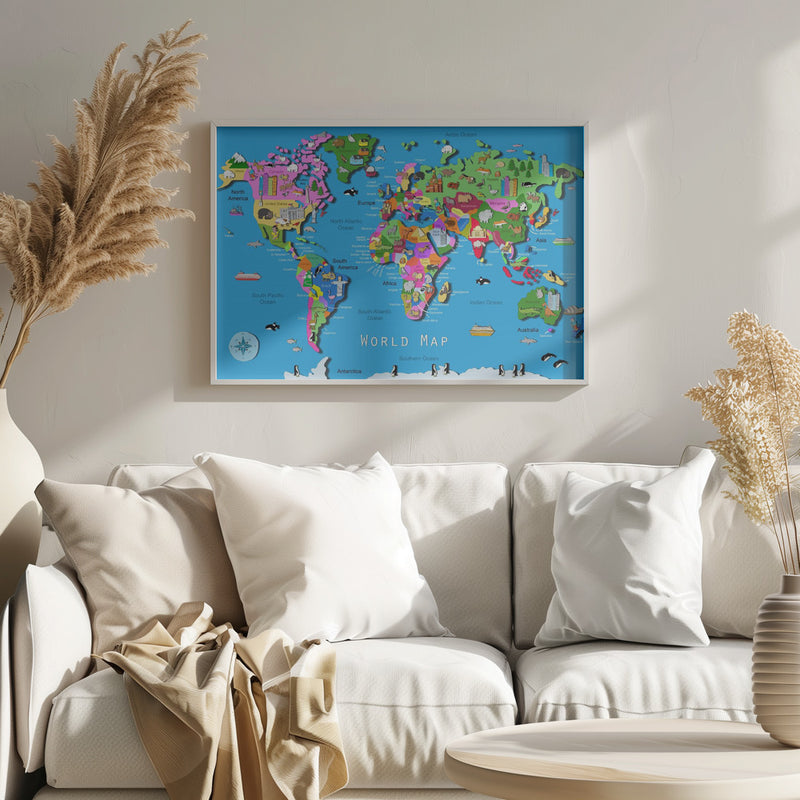 Illustrated World Map with Countries and Continents by Carla Daly - Stretched Canvas, Poster or Fine Art Print I Heart Wall Art