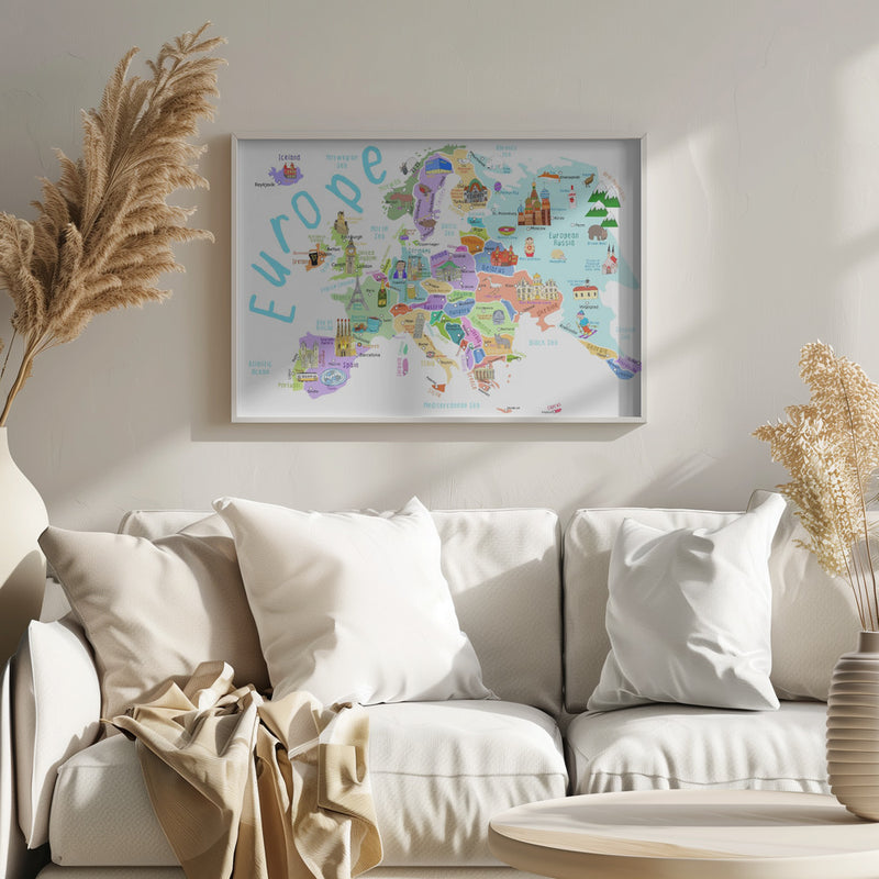 Illustrated Map of Europe by Map Illustrator Carla Daly - Stretched Canvas, Poster or Fine Art Print I Heart Wall Art