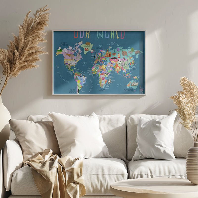 Our World Illustrated World Map for Kids - Stretched Canvas, Poster or Fine Art Print I Heart Wall Art