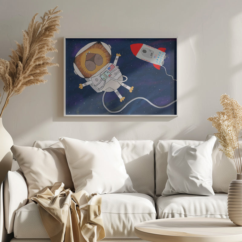 Funny Lion Astronaut is Swirling in Space by Artist Carla Daly - Stretched Canvas, Poster or Fine Art Print I Heart Wall Art