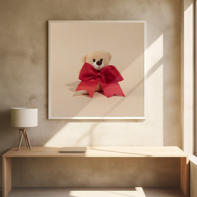 Teddy Bear with Red Bow - Square Stretched Canvas, Poster or Fine Art Print I Heart Wall Art