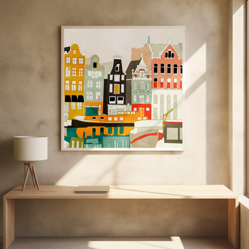 Amsterdam houses with ships, view 1 - Square Stretched Canvas, Poster or Fine Art Print I Heart Wall Art