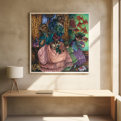 Animal Family in Drawing room - Square Stretched Canvas, Poster or Fine Art Print I Heart Wall Art