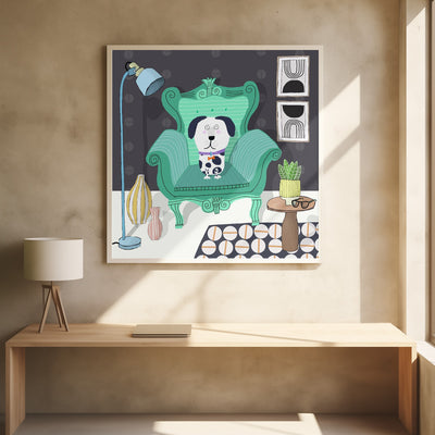 Funny Dog Sitting in a Trendy Interior by Carla Daly - Square Stretched Canvas, Poster or Fine Art Print I Heart Wall Art