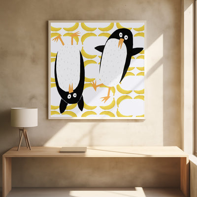 Funny Penguins with Banana Pattern Background by Carla Daly - Square Stretched Canvas, Poster or Fine Art Print I Heart Wall Art