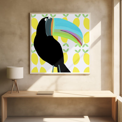 Tropical Toucan Bird with Lemon Pattern Background by Carla Daly - Square Stretched Canvas, Poster or Fine Art Print I Heart Wall Art