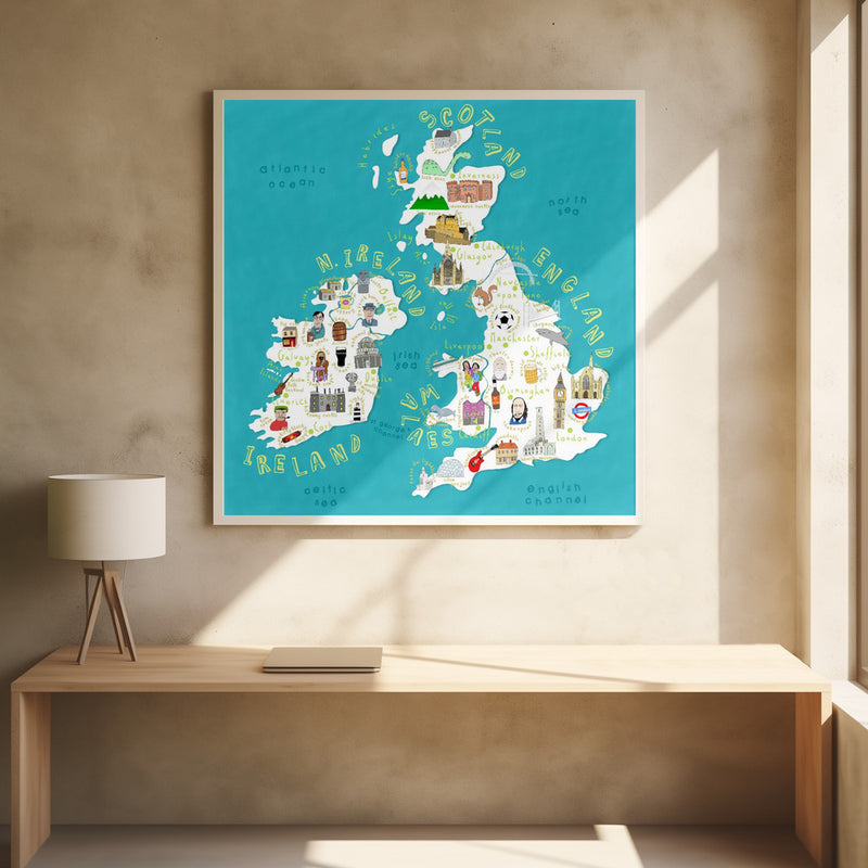 Map of UK and Ireland with Country Icons by Artist Carla Daly - Square Stretched Canvas, Poster or Fine Art Print I Heart Wall Art