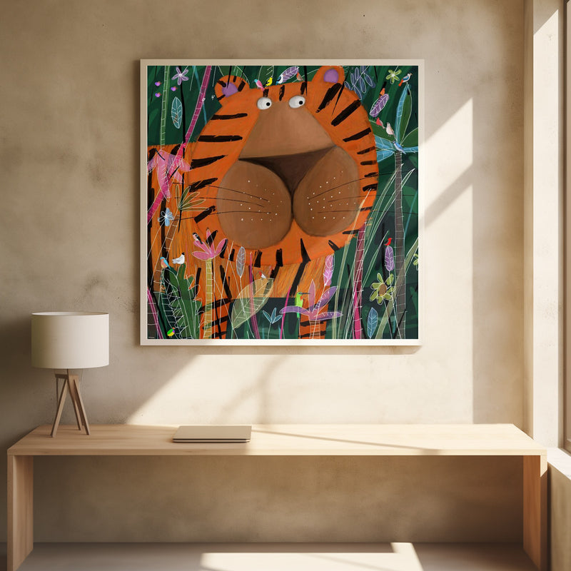 Cute Tiger Peeking Out of the Jungle by Artist Carla Daly - Square Stretched Canvas, Poster or Fine Art Print I Heart Wall Art