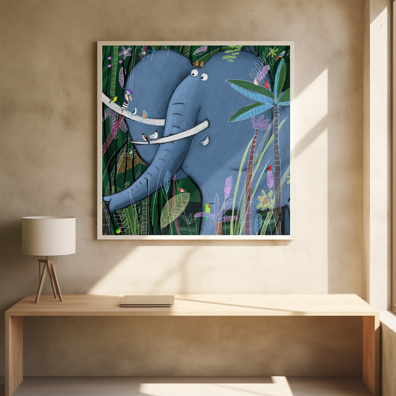 Large Elephant Peeks Out of the Jungle by Artist Carla Daly - Square Stretched Canvas, Poster or Fine Art Print I Heart Wall Art