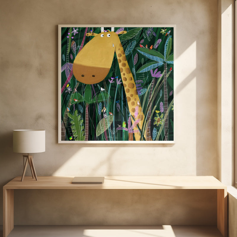 Cute Giraffe Peeks Out of the Jungle by Artist Carla Daly - Square Stretched Canvas, Poster or Fine Art Print I Heart Wall Art