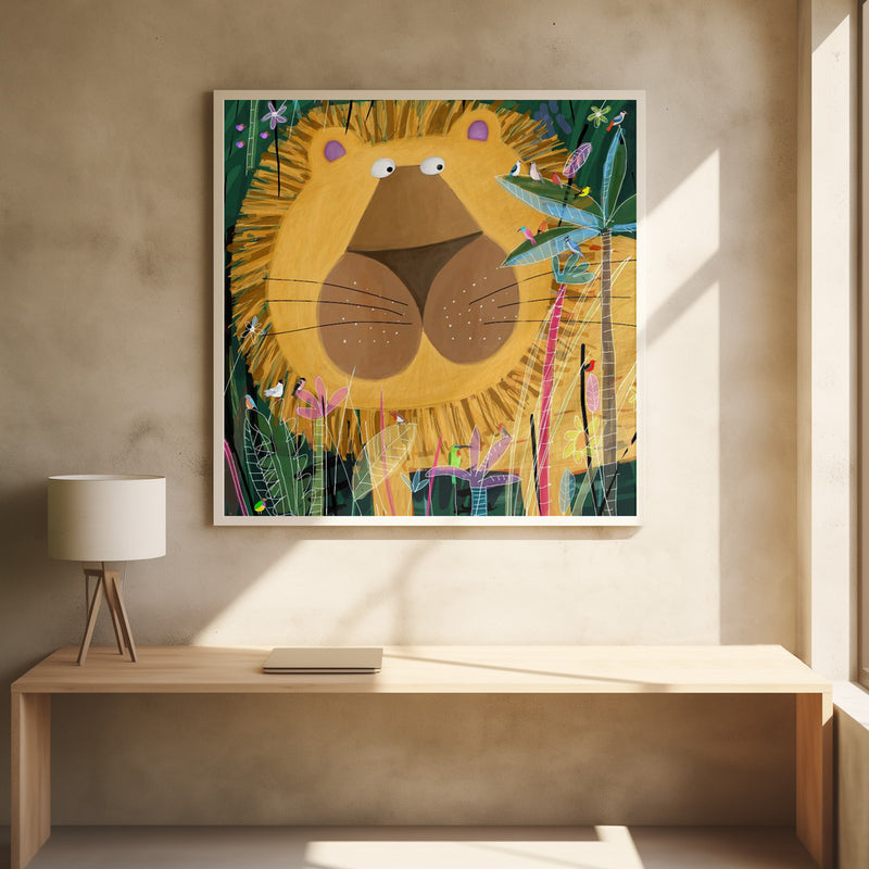 Large Lion Peeks Out of the Jungle Foliage by Artist Carla Daly - Square Stretched Canvas, Poster or Fine Art Print I Heart Wall Art