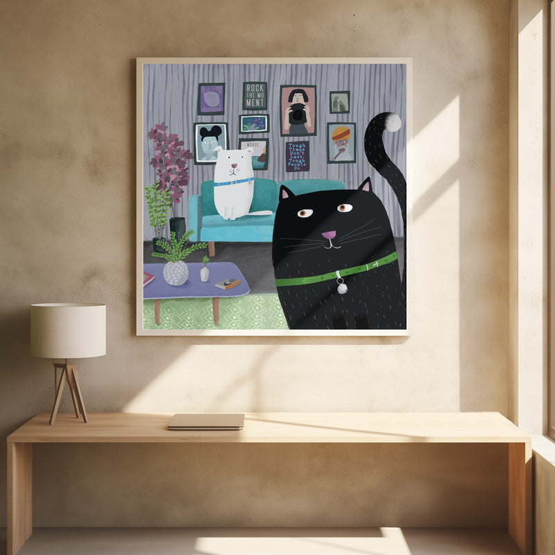 Black Cat and White Dog in Trendy Interior by Carla Daly - Square Stretched Canvas, Poster or Fine Art Print I Heart Wall Art