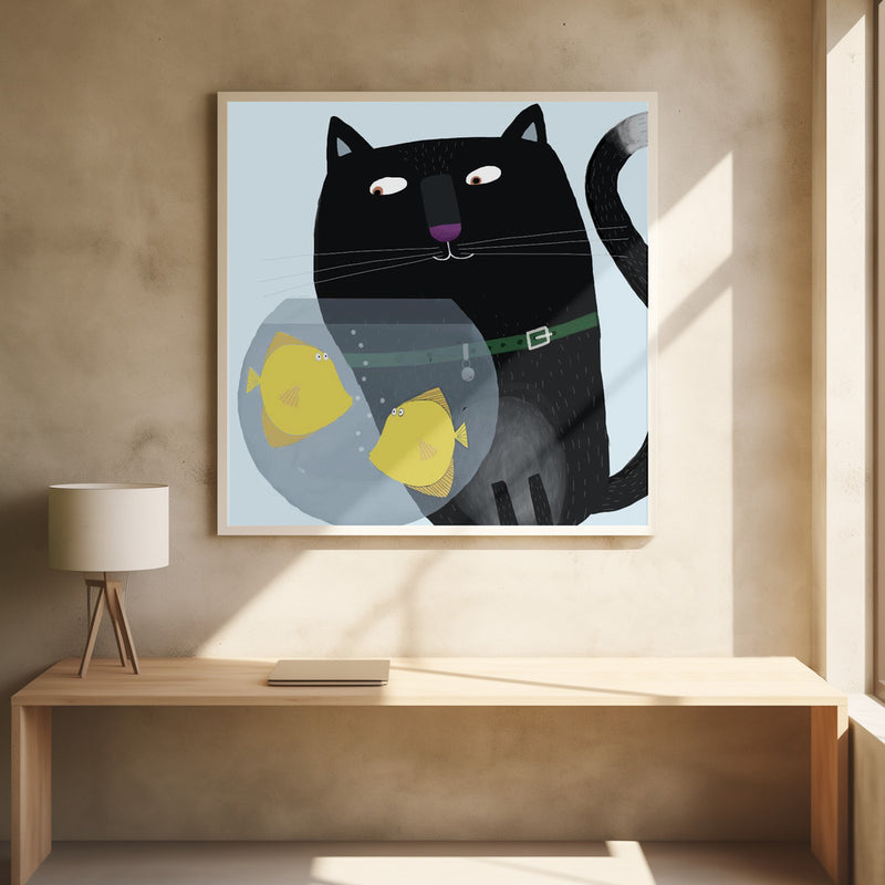 Black Cat Eyeing Up Yellow Fish in fish Bowl by Artist Carla Daly - Square Stretched Canvas, Poster or Fine Art Print I Heart Wall Art