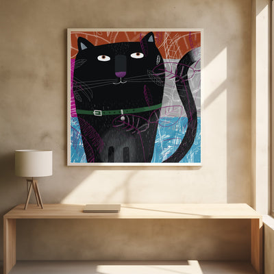 Black Cat with Falling Autumnal Leaves by Artist Carla - Square Stretched Canvas, Poster or Fine Art Print I Heart Wall Art