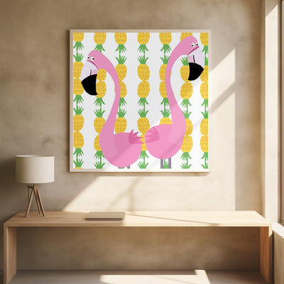 Two Falmingos with Pineapples by Artist Carla Daly - Square Stretched Canvas, Poster or Fine Art Print I Heart Wall Art