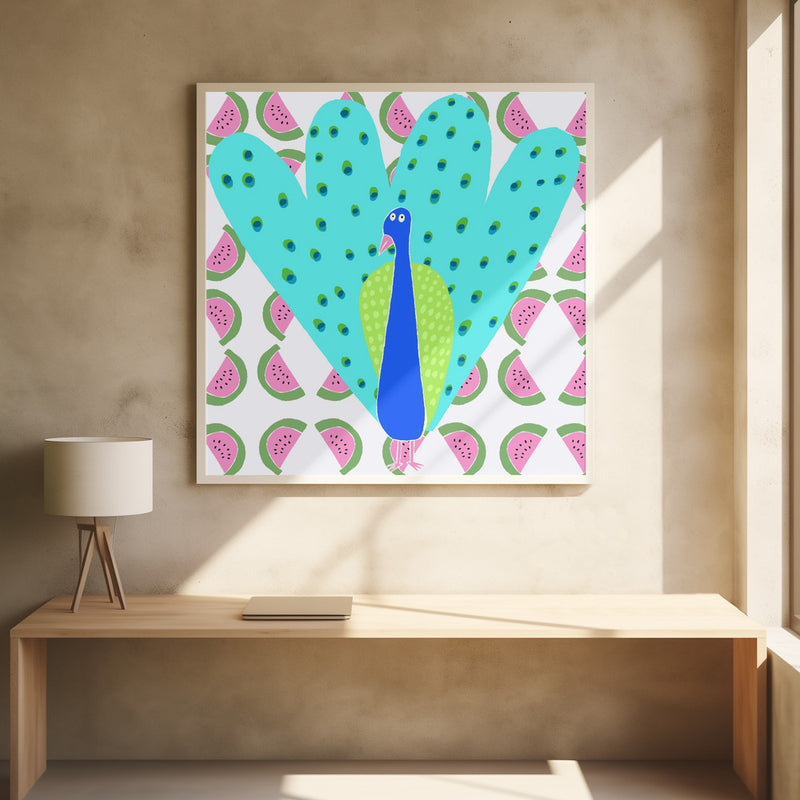 Electric Peacock with Watermelon Pattern by Artist Carla Daly - Square Stretched Canvas, Poster or Fine Art Print I Heart Wall Art